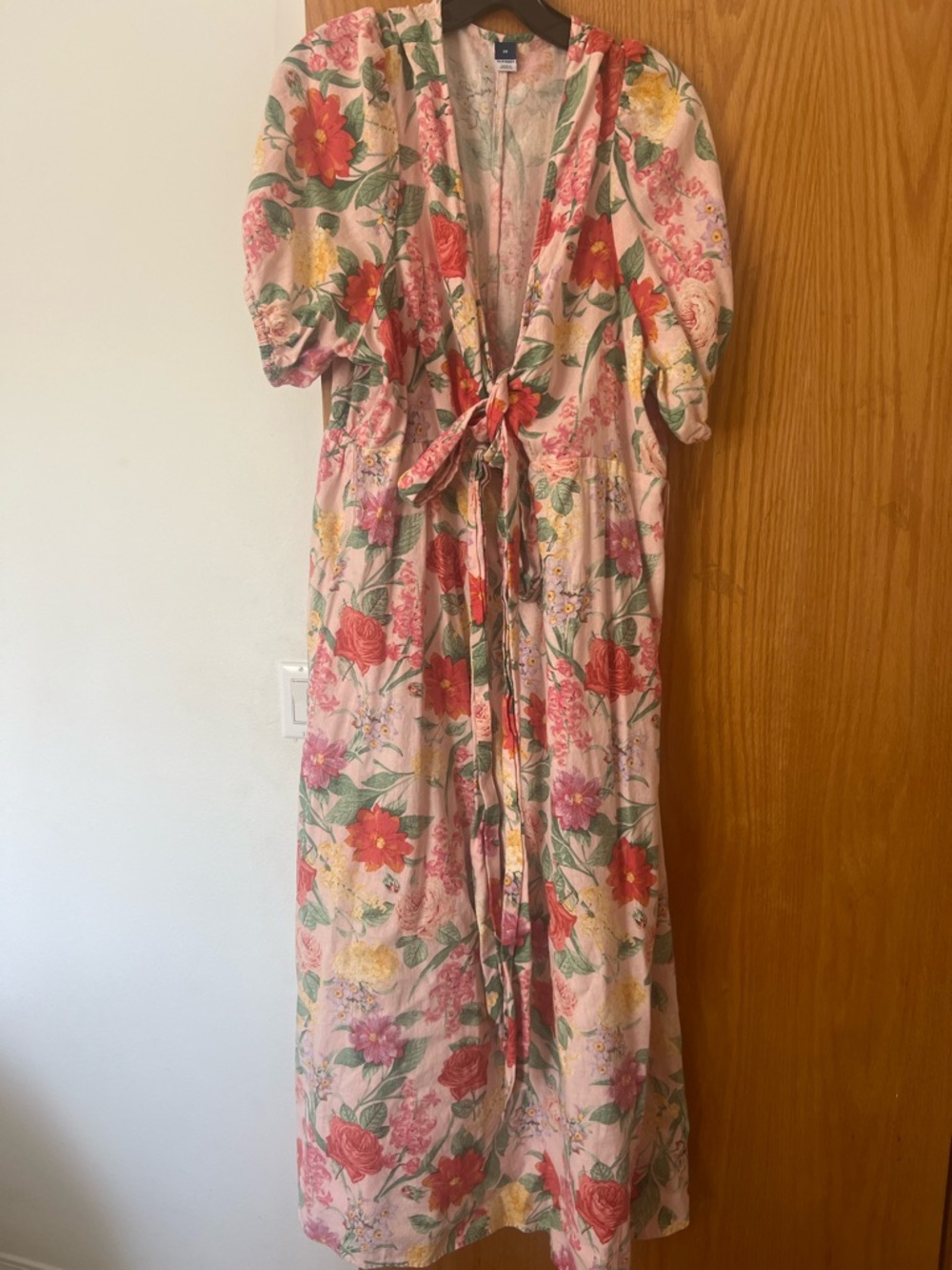 Old Navy Pink Floral Midi Dress with Puff Sleeves
